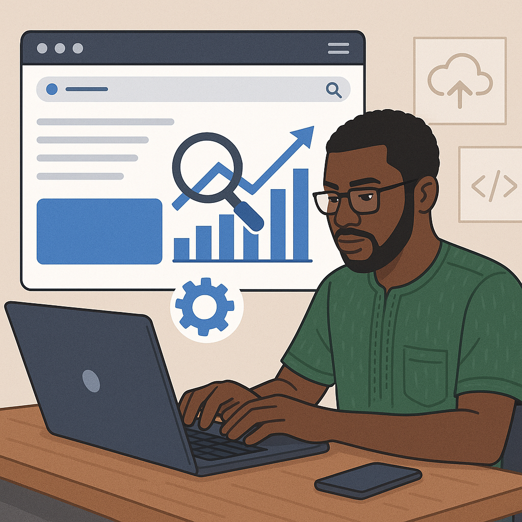 A professional Nigerian web developer sitting at a modern office desk in Lagos, working on dual monitors showing HTML code with header tags, meta descriptions, and Nigerian business website content being optimized, with colorful traditional Nigerian textile patterns subtly incorporated into the office decor