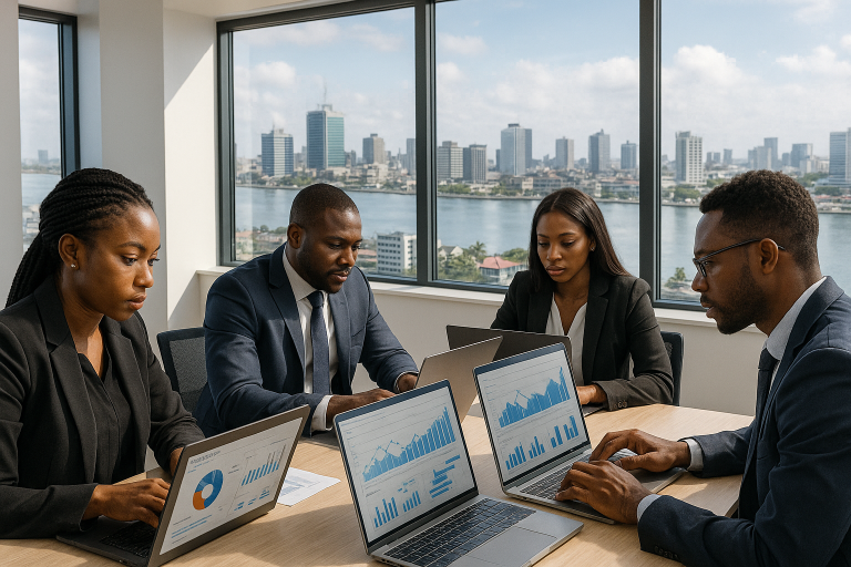 Professional SEO services team in Lagos office with Victoria Island skyline - SEO Company Lagos digital marketing specialists