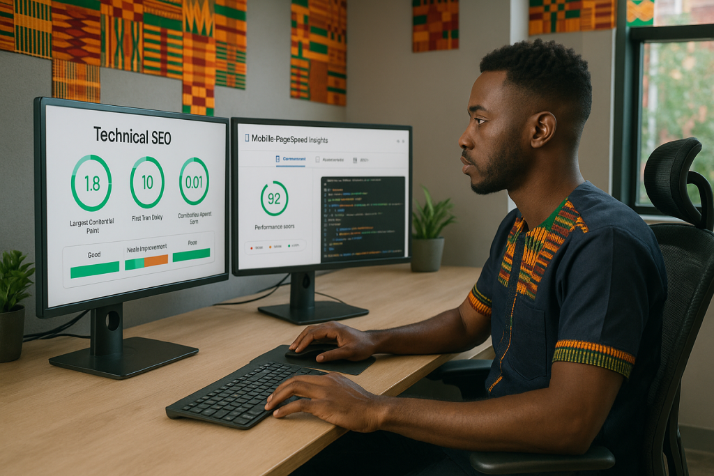 A focused Nigerian web developer in a modern Lagos tech office working on multiple monitors displaying technical SEO elements including Core Web Vitals reports, mobile PageSpeed Insights, and code optimization tools, with traditional Nigerian kente patterns subtly incorporated into the office design and the developer wearing contemporary African-inspired clothing