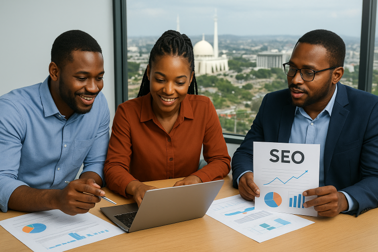 Three Nigerian SEO professionals collaborating in a modern Abuja office with a view of the National Mosque, analyzing charts and SEO reports on a laptop and paper documents.