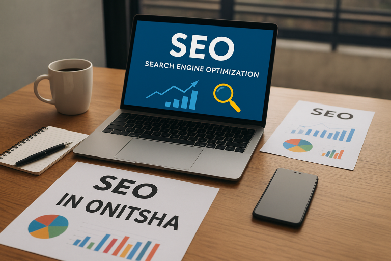 Professional workspace setup showing a laptop with “ SEO Search Engine Optimization” on screen, documents labeled “SEO in Onitsha,” charts, a notebook, and coffee cup on a wooden desk near a window.