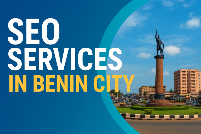 Professional digital banner showing “ SEO Services in Benin City ” text beside a vivid photo of Benin City’s cityscape, featuring the famous Oba Ovonramwen statue, busy streets, and modern buildings under a bright blue sky.