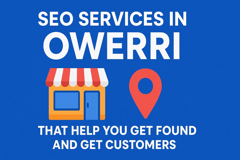 SEO services in Owerri Nigeria banner with blue background, storefront icon, and red location pin displaying the text