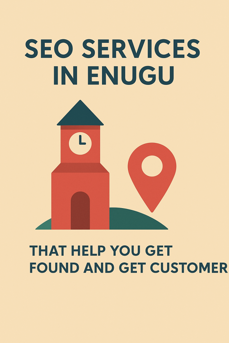 SEO services in Enugu Nigeria promotional graphic featuring a red clock tower, location pin, and bold text highlighting business growth through local SEO